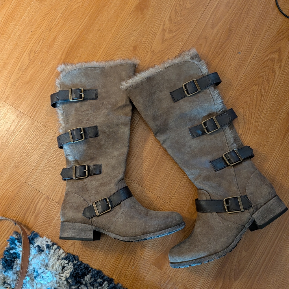 Mudd Taupe Faux Fur Mid-Calf Boots with Buckle Straps